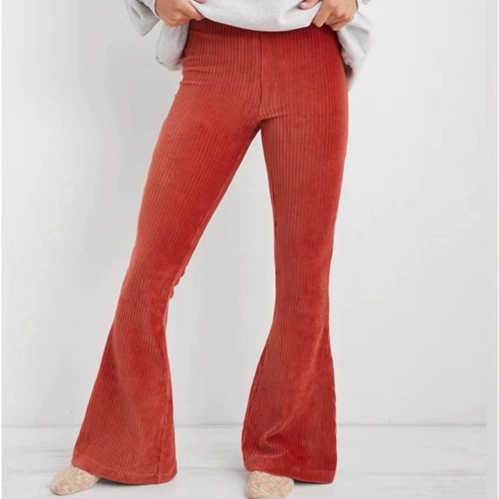 aerie Rust Ribbed Wide-Leg Corduroy Pants